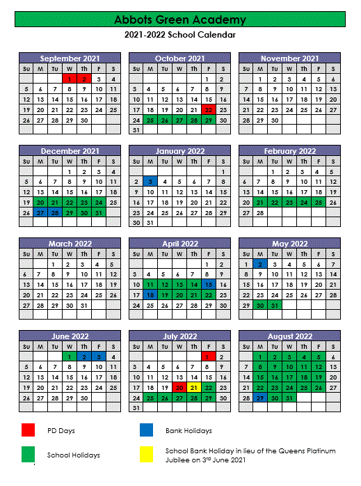 Main School Calendars | Abbots Green Academy