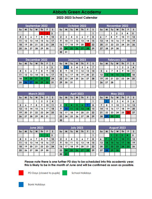 Main School Calendars | Abbots Green Academy