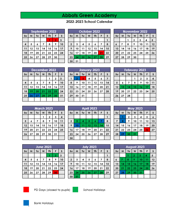 Main School Calendars | Abbots Green Academy